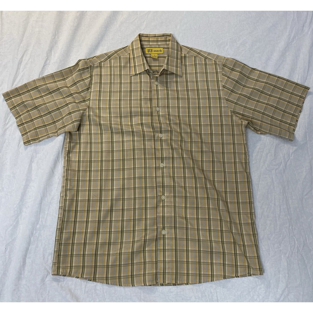 PJ Mark Mens Plaid Short Sleeve Button Up Shirt Size L Yellow Tan Casual‎
